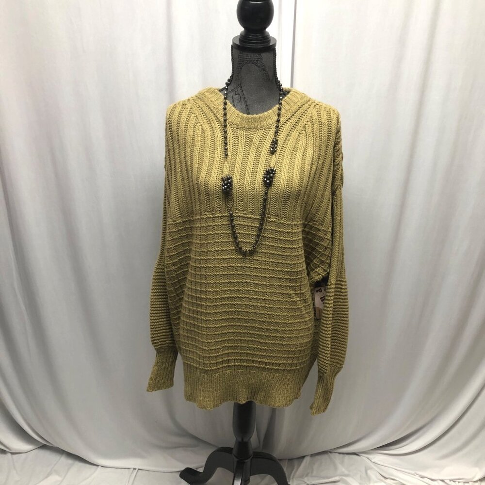 Oversized Chunky Knit Sweater Womens Size XL Tan Green Hue 3D Baggy Pullover NEW